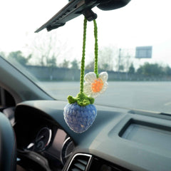 2Pcs Crochet Car Mirror Accessory- Fluffy Strawberry