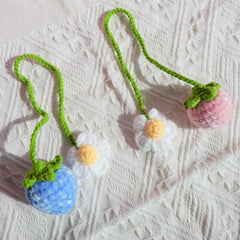 2Pcs Crochet Car Mirror Accessory- Fluffy Strawberry