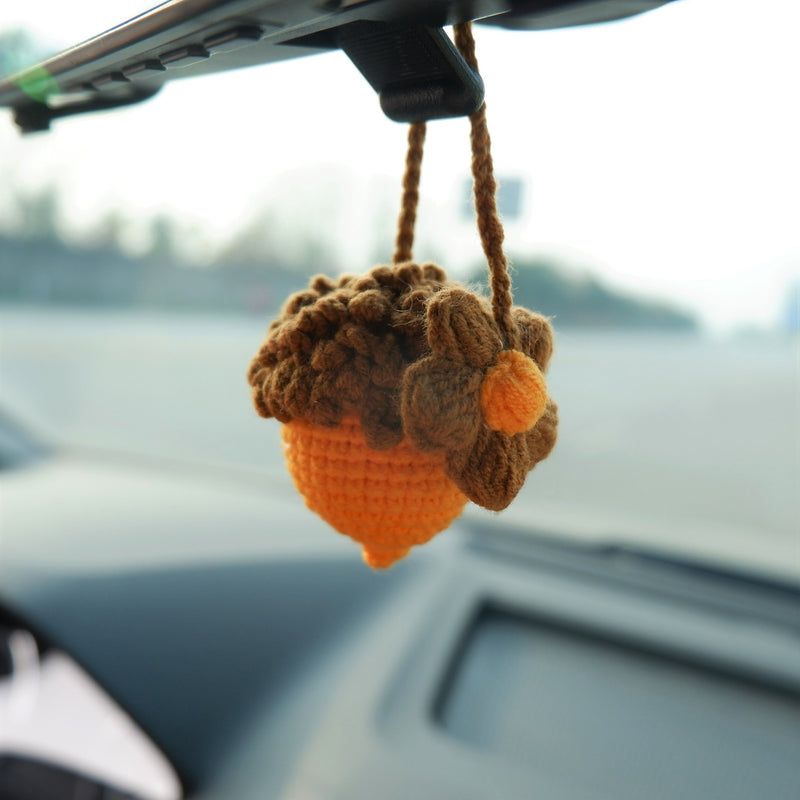 Crochet Acorn & Flower Car Mirror Hanging Accessories, Kawaii Daisy Car Rear View Mirror Accessory for Women, Cute Car Interior Accessory