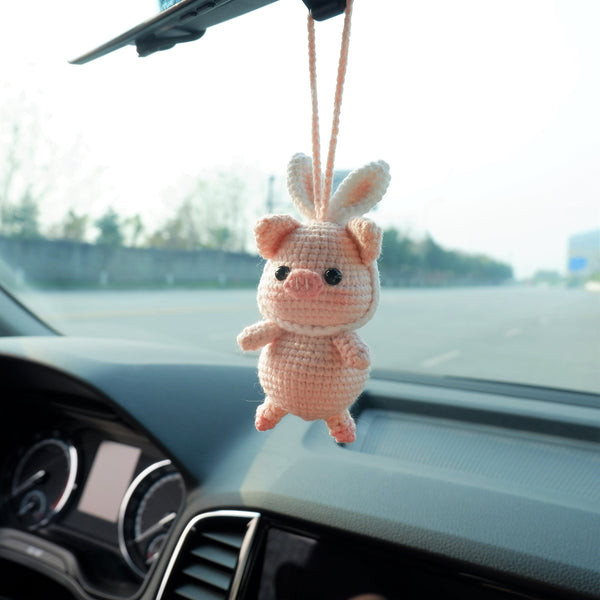 Cute Car Mirror Hanging Accessories, Crochet Piggy with Bunny Ears Car Rear View Mirror Accessory, Kawaii Car Accessory for Women/Teens