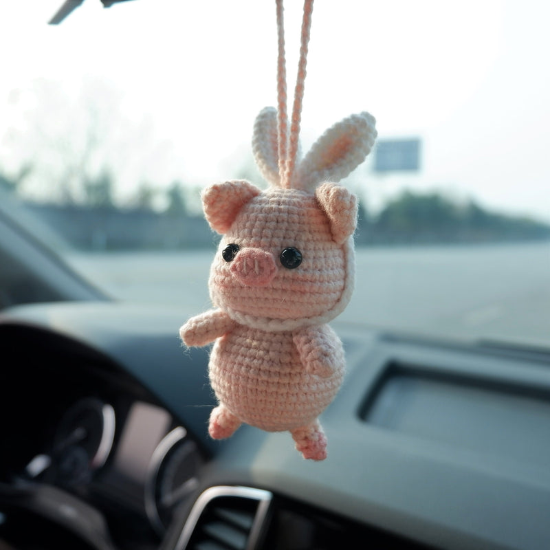 Cute Car Mirror Hanging Accessories, Crochet Piggy with Bunny Ears Car Rear View Mirror Accessory, Kawaii Car Accessory for Women/Teens