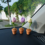 2Pcs Mini Plant Car Accessories, Crochet Tulip/Daisy Potted Car Dashboard Decor, Boho Car Accessories for Women, Car Decoration Interior