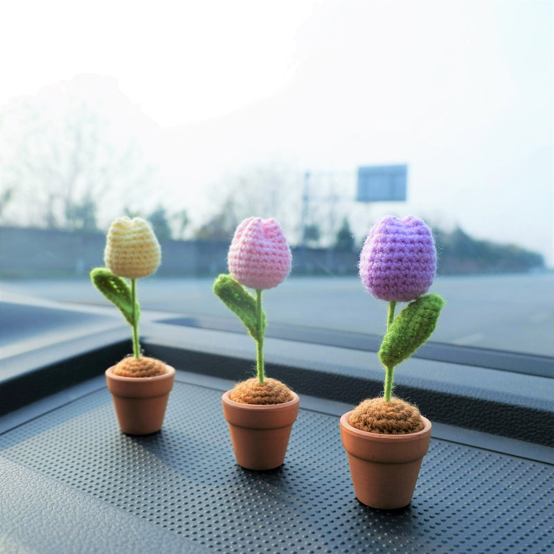 2Pcs Mini Plant Car Accessories, Crochet Tulip/Daisy Potted Car Dashboard Decor, Boho Car Accessories for Women, Car Decoration Interior