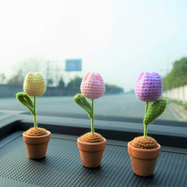 2Pcs Mini Plant Car Accessories, Crochet Tulip/Daisy Potted Car Dashboard Decor, Boho Car Accessories for Women, Car Decoration Interior