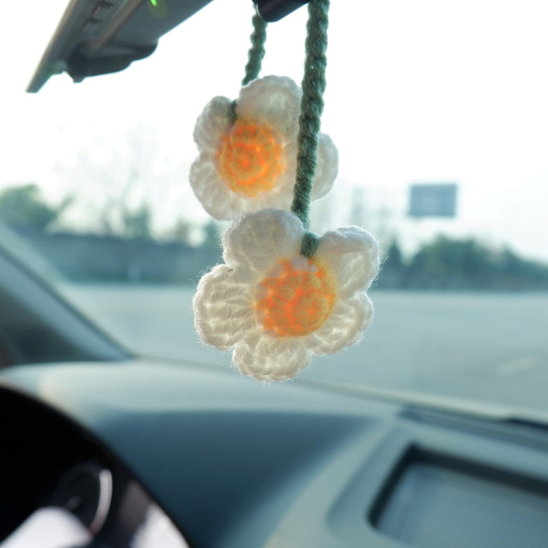 Crochet Cherry & Daisy Car Mirror Hanging Accessories, Cute Car Mirror Accessories for Women, Interior Car Decor Boho, Car Mirror Charm