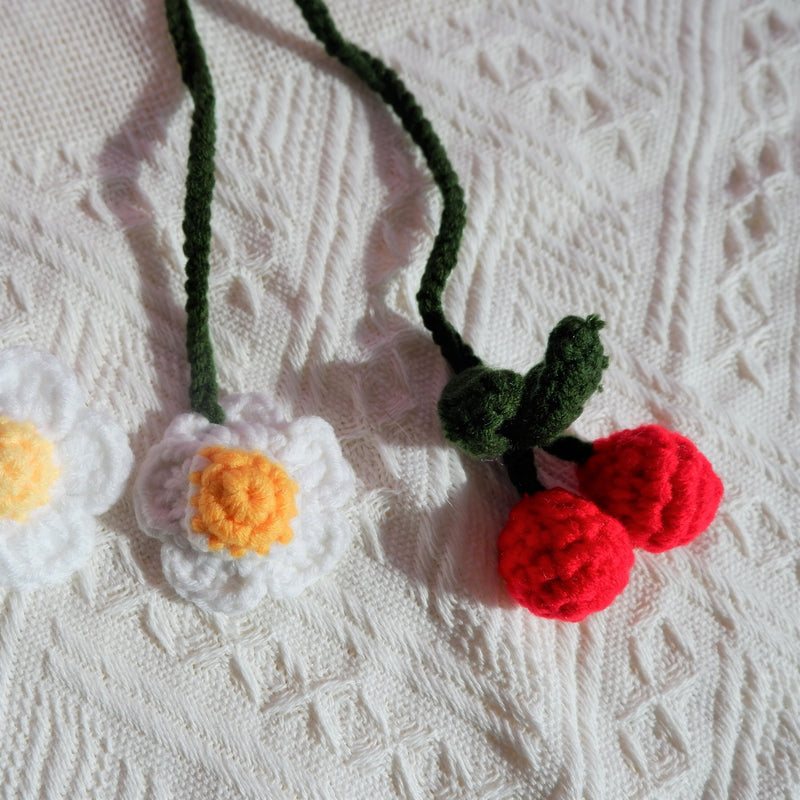 Crochet Cherry & Daisy Car Mirror Hanging Accessories, Cute Car Mirror Accessories for Women, Interior Car Decor Boho, Car Mirror Charm