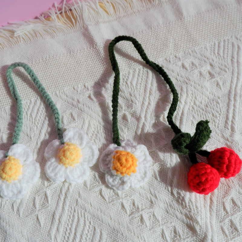 Crochet Cherry & Daisy Car Mirror Hanging Accessories, Cute Car Mirror Accessories for Women, Interior Car Decor Boho, Car Mirror Charm