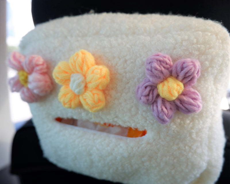 Crochet Fluffy Flower Car Tissue Box, Berber Fleece/Sherpa Car Tissue Box Holder, Cute Tissue Cover, Winter Car Accessories for Women