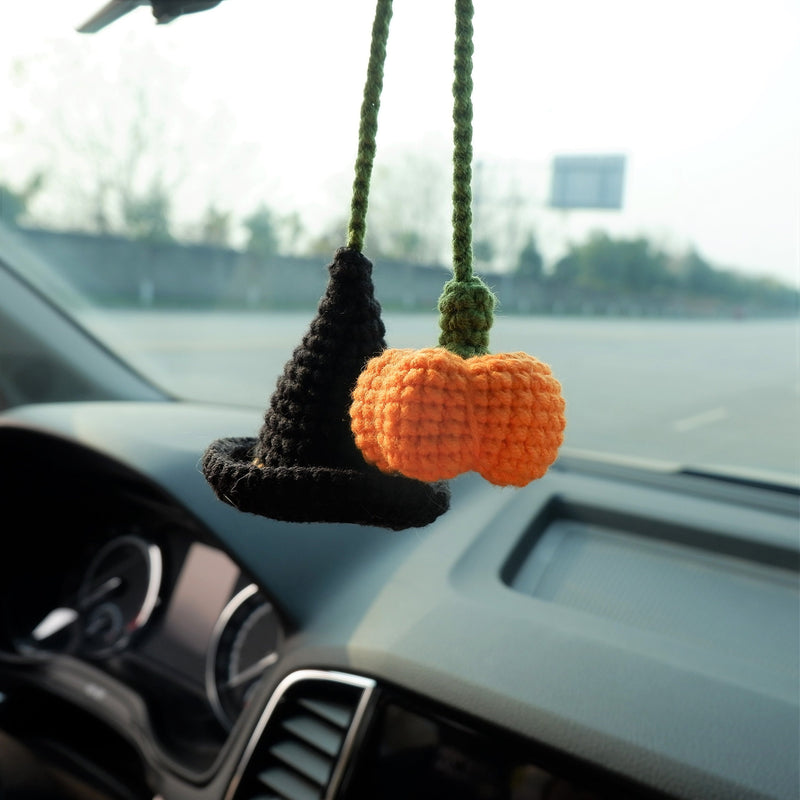 Wizard Hat & Pumpkin Car Hanging Accessory, Crochet Car Rear View Mirror Hanging Accessories for Women, Cute Car Accessories Interior