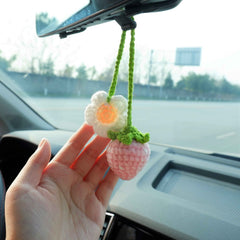2Pcs Crochet Car Mirror Accessory- Fluffy Strawberry