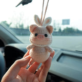 Cute Car Mirror Hanging Accessories, Crochet Piggy with Bunny Ears Car Rear View Mirror Accessory, Kawaii Car Accessory for Women/Teens