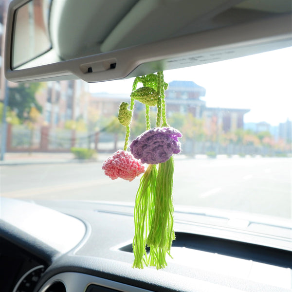 2Pcs Crochet Roses Car Mirror Accessories, Hanging Tassels Car Rear View Mirror Hanging Accessory, Boho Retro Car Interior Decor