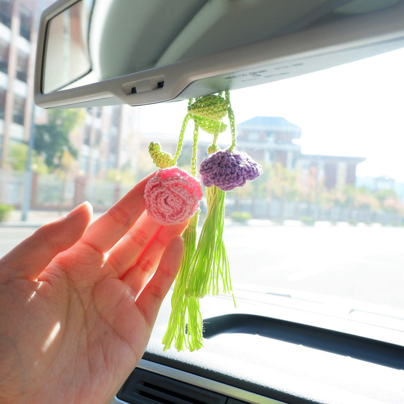 2Pcs Crochet Roses Car Mirror Accessories, Hanging Tassels Car Rear View Mirror Hanging Accessory, Boho Retro Car Interior Decor