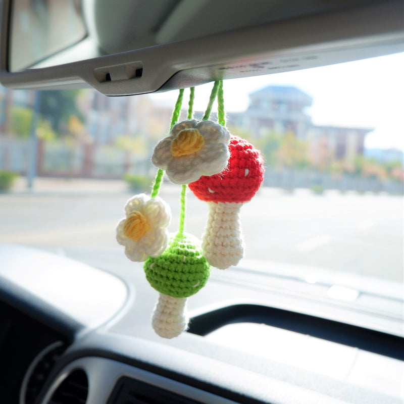 2Pcs Crochet Mushroom & Daisy Car Mirror Accessory, Cute Mushroom Car Rear View Mirror Accessories, Boho Interior Car Accessory for Women