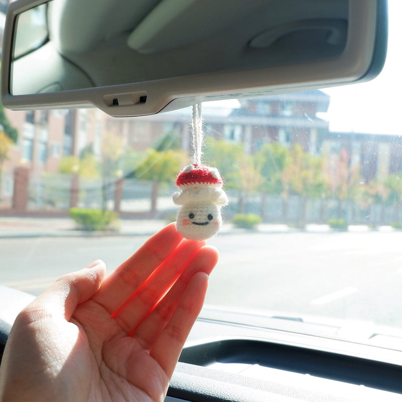 Cute Car Mirror Hanging Accessories, Crochet Milk Bottle Smiley Mushroom Doll Car Rear View Mirror Accessory, Kawaii Car Accessory for Women