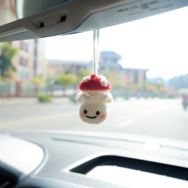 Cute Car Mirror Hanging Accessories, Crochet Milk Bottle Smiley Mushroom Doll Car Rear View Mirror Accessory, Kawaii Car Accessory for Women