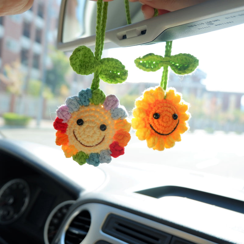 Crochet Smiley Face Sunflower Car Mirror Accessory, Cute Rainbow Sunflower Car Rear View Mirror Hanging Accessories, Car Accessory Boho