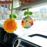 Crochet Smiley Face Sunflower Car Mirror Accessory, Cute Rainbow Sunflower Car Rear View Mirror Hanging Accessories, Car Accessory Boho