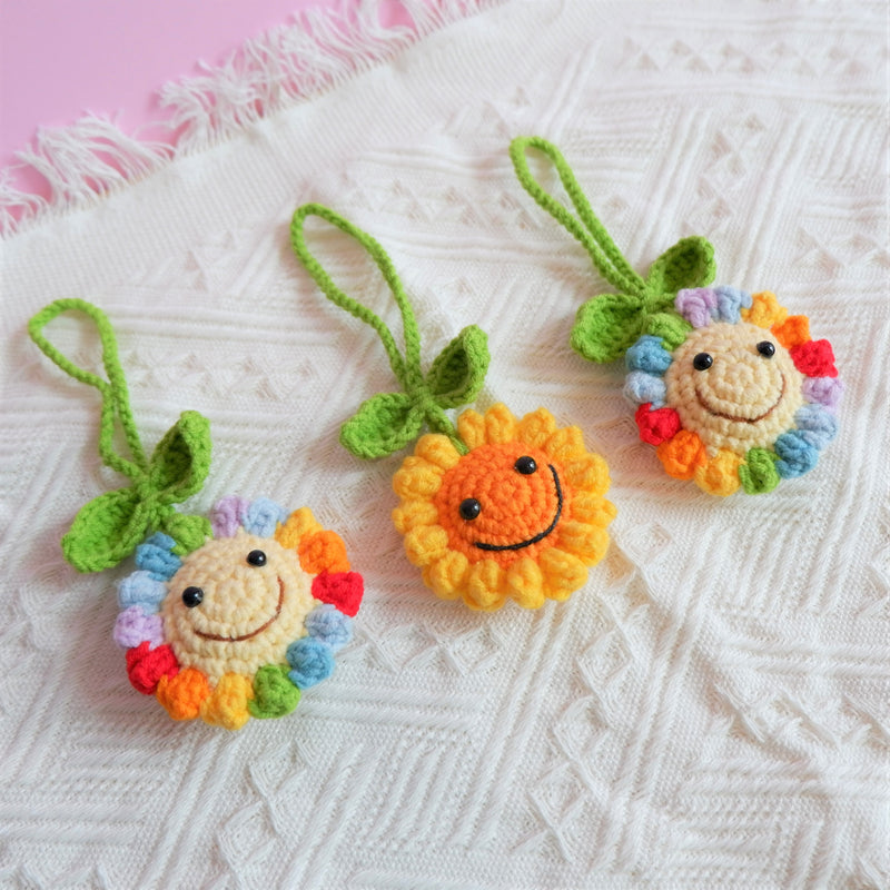 Crochet Smiley Face Sunflower Car Mirror Accessory, Cute Rainbow Sunflower Car Rear View Mirror Hanging Accessories, Car Accessory Boho