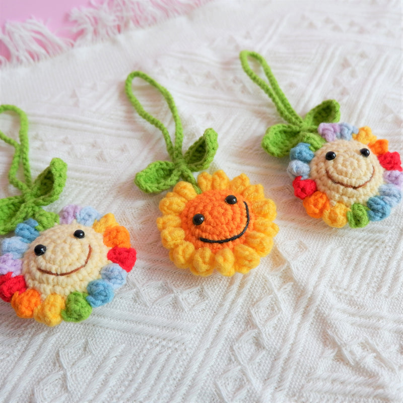 Crochet Smiley Face Sunflower Car Mirror Accessory, Cute Rainbow Sunflower Car Rear View Mirror Hanging Accessories, Car Accessory Boho