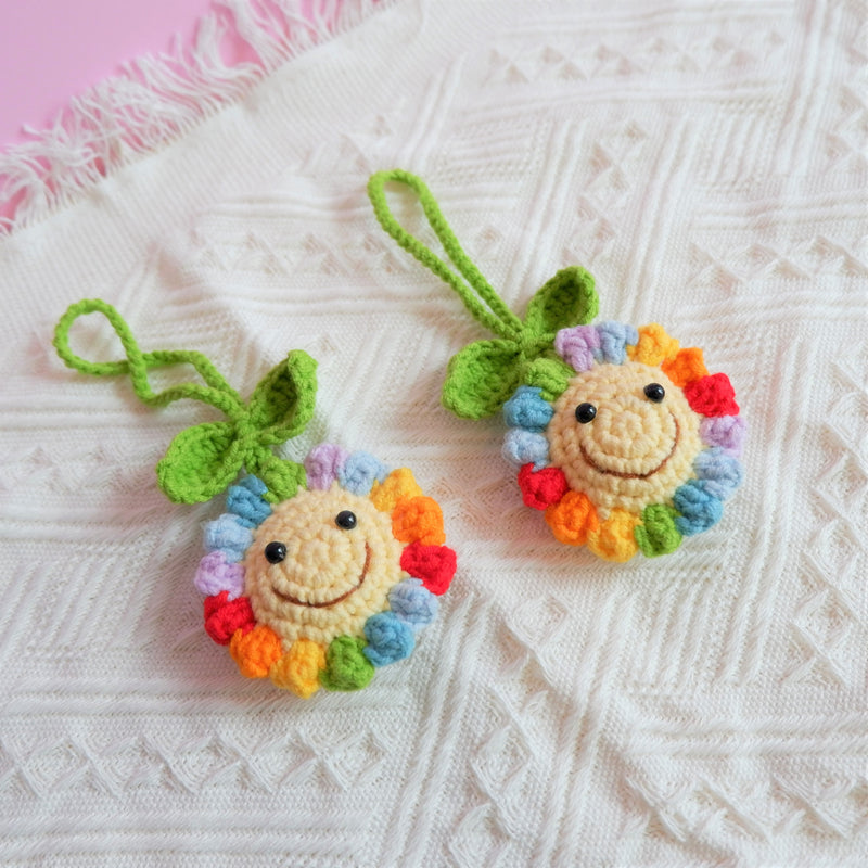 Crochet Smiley Face Sunflower Car Mirror Accessory, Cute Rainbow Sunflower Car Rear View Mirror Hanging Accessories, Car Accessory Boho