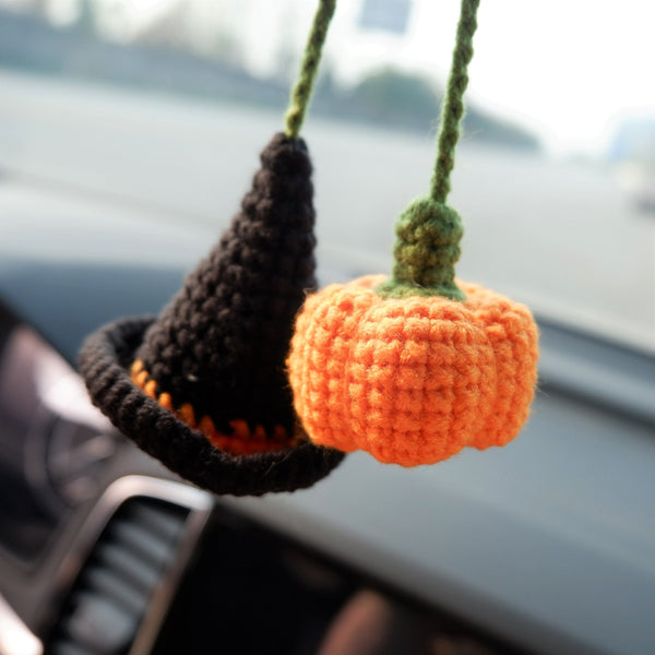 Wizard Hat & Pumpkin Car Hanging Accessory, Crochet Car Rear View Mirror Hanging Accessories for Women, Cute Car Accessories Interior