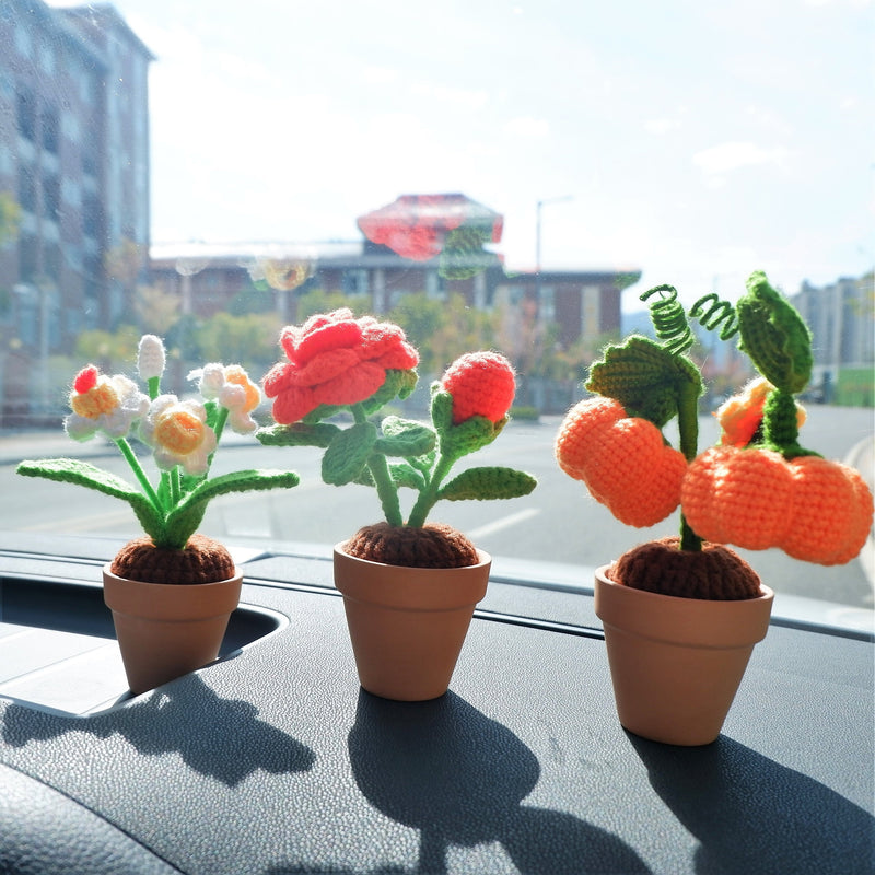 Crochet Mini Potted Plants, Rose/Daffodil/Pumpkin Car Dashboard Decor, Kawaii Car Accessory, Work from Home Gift, Office Desk Accessories