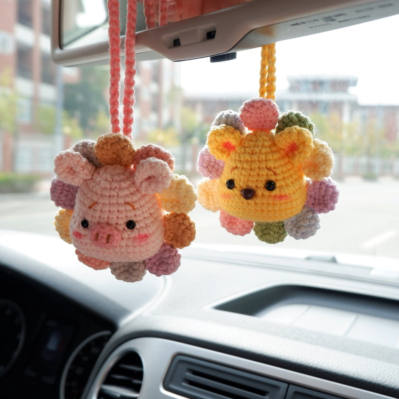 Car Mirror Hanging Charm, Crochet Rainbow Sunflower Bear/Piggy/Bunny Head Car Rear View Mirror Accessory, Kawaii Car Interior Accessory