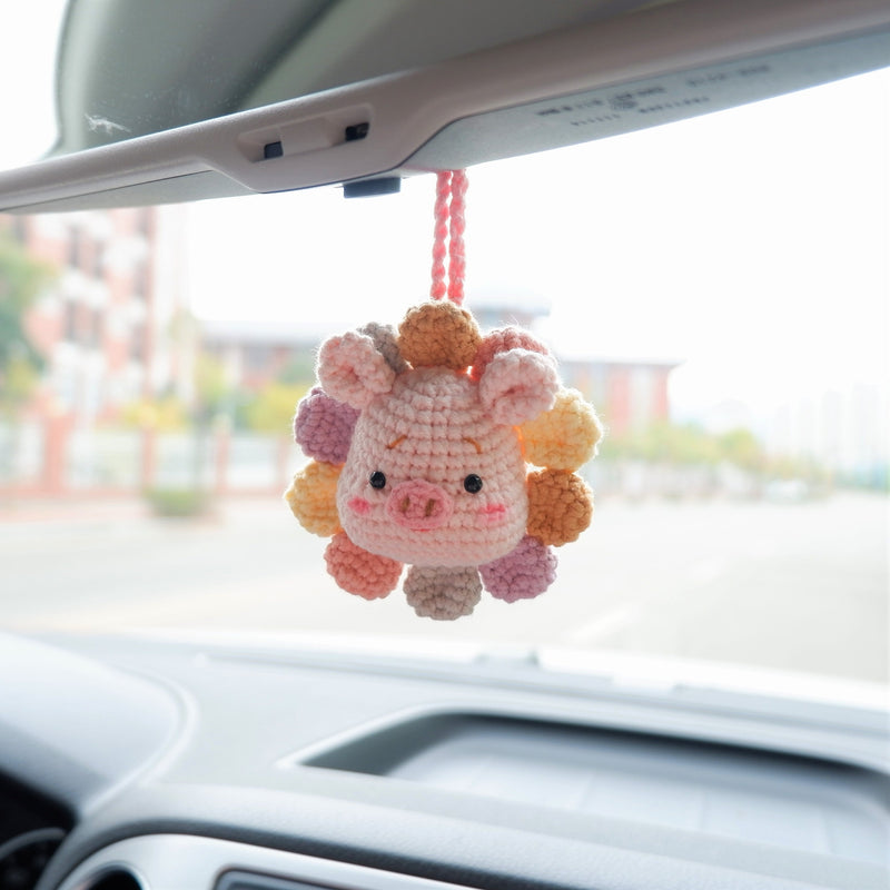 Car Mirror Hanging Charm, Crochet Rainbow Sunflower Bear/Piggy/Bunny Head Car Rear View Mirror Accessory, Kawaii Car Interior Accessory