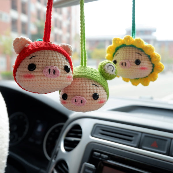 Cute Car Mirror Accessory, Crochet Sunflower/Frog/Strawberry Hat Piggy Car Rear View Mirror Hanging Accessory, Kawaii Car Interior Accessory