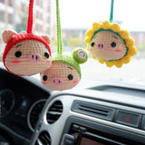 Cute Car Mirror Accessory, Crochet Sunflower/Frog/Strawberry Hat Piggy Car Rear View Mirror Hanging Accessory, Kawaii Car Interior Accessory