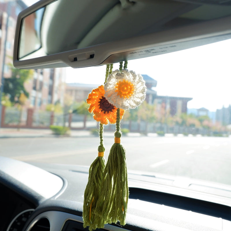 2Pcs Crochet Sunflower/Daisy Car Mirror Accessories, Hanging Tassels Car Rear View Mirror Hanging Accessory, Boho Retro Car Interior Decor