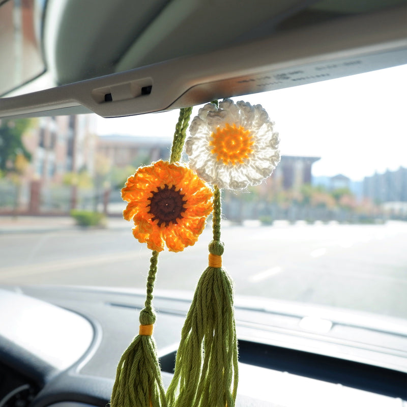 2Pcs Crochet Sunflower/Daisy Car Mirror Accessories, Hanging Tassels Car Rear View Mirror Hanging Accessory, Boho Retro Car Interior Decor