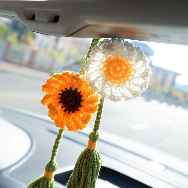 2Pcs Crochet Sunflower/Daisy Car Mirror Accessories, Hanging Tassels Car Rear View Mirror Hanging Accessory, Boho Retro Car Interior Decor