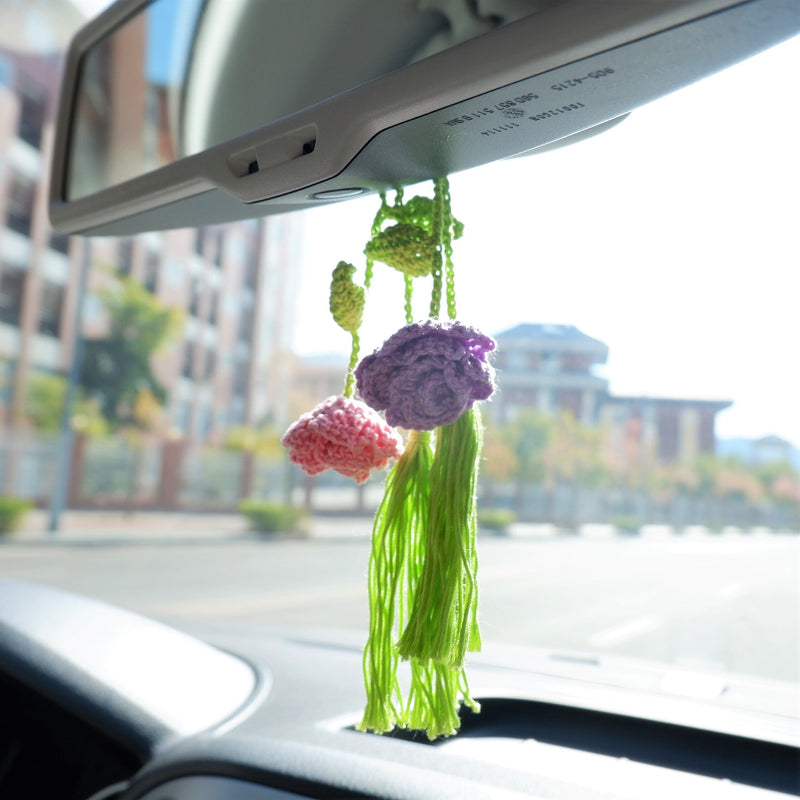 2Pcs Crochet Roses Car Mirror Accessories, Hanging Tassels Car Rear View Mirror Hanging Accessory, Boho Retro Car Interior Decor