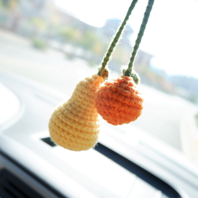 Cute Car Mirror Hanging Accessories, Crochet Pear & Orange Car Rear View Mirror Accessory, Kawaii Fruit Car Accessory for Women/Teens