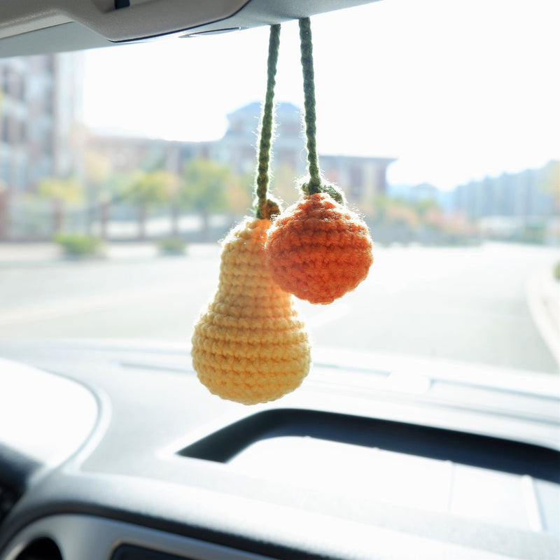 Cute Car Mirror Hanging Accessories, Crochet Pear & Orange Car Rear View Mirror Accessory, Kawaii Fruit Car Accessory for Women/Teens