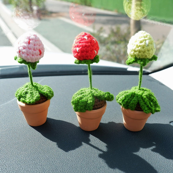 3pcs/2Pcs Mini Strawberry Car Accessories, Crochet Red/Green/Pink Strawberry Car Dashboard Decor, Boho Mini Plant Car Interior Accessory