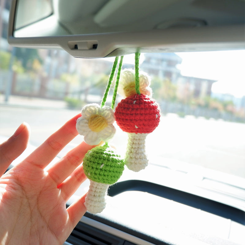 2Pcs Crochet Mushroom & Daisy Car Mirror Accessory, Cute Mushroom Car Rear View Mirror Accessories, Boho Interior Car Accessory for Women