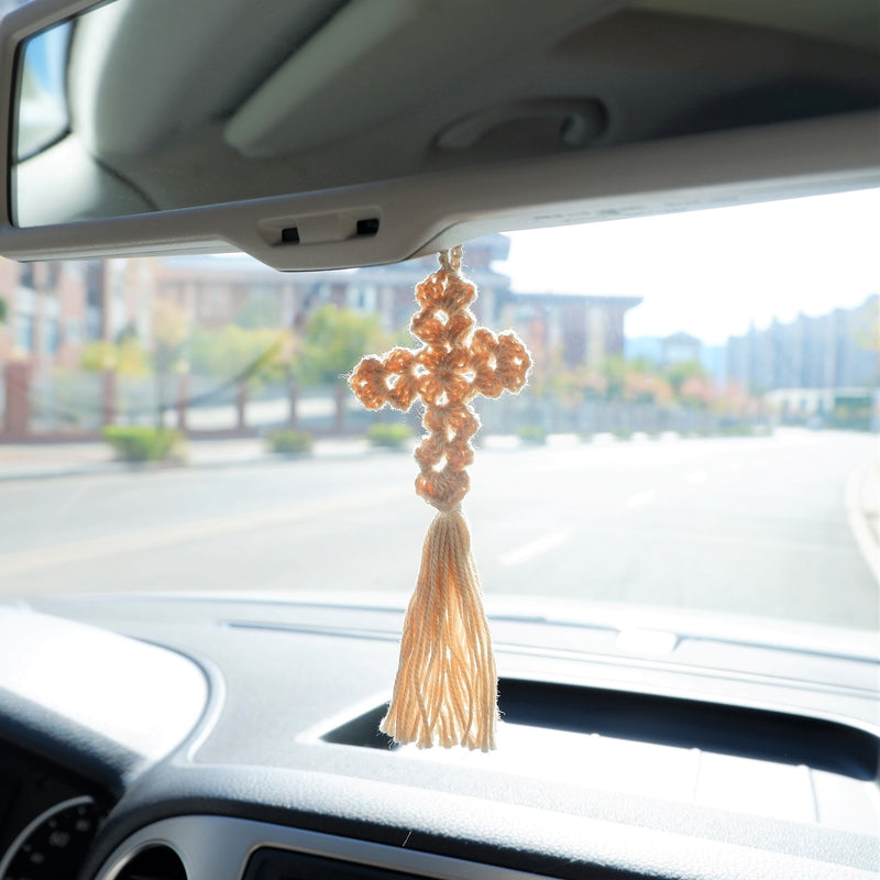 Crochet Cross with Tassels, Cross Car Mirror Accessories, Car Rear View Mirror Hanging Accessory, Boho Retro Car Interior Accessory