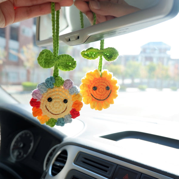 Crochet Smiley Face Sunflower Car Mirror Accessory, Cute Rainbow Sunflower Car Rear View Mirror Hanging Accessories, Car Accessory Boho