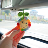 Crochet Smiley Face Sunflower Car Mirror Accessory, Cute Rainbow Sunflower Car Rear View Mirror Hanging Accessories, Car Accessory Boho