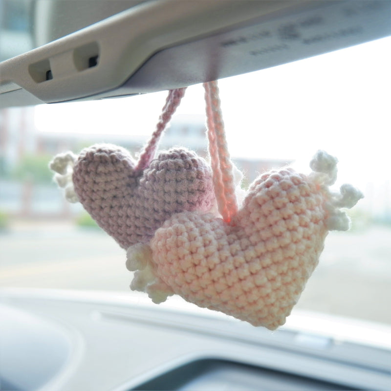 2Pcs Crochet Hearts Wings Car Mirror Accessories, Cute Hearts Car Rear View Mirror Hanging Accessory for Women, Car Interior Decor Boho