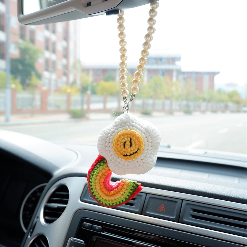 Crochet Smile Poached Egg & Rainbow Car Mirror Accessory, Cute Smiley Face Car Rear View Mirror Hanging Accessory, Car Interior Decor Boho