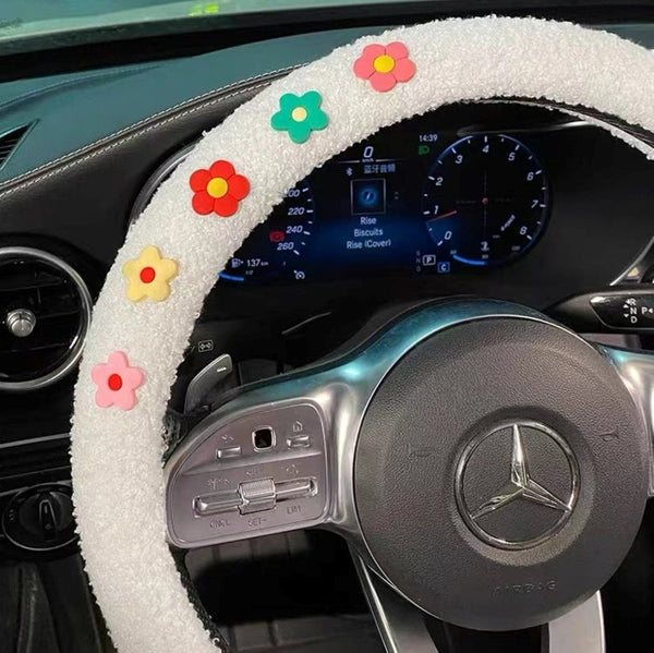 Kawaii Steering Wheel Cover, Cute Daisy Flowers Steering Wheel Cover with Grip, Boho Steering Wheel Cover, Interior Car Accessory for Women