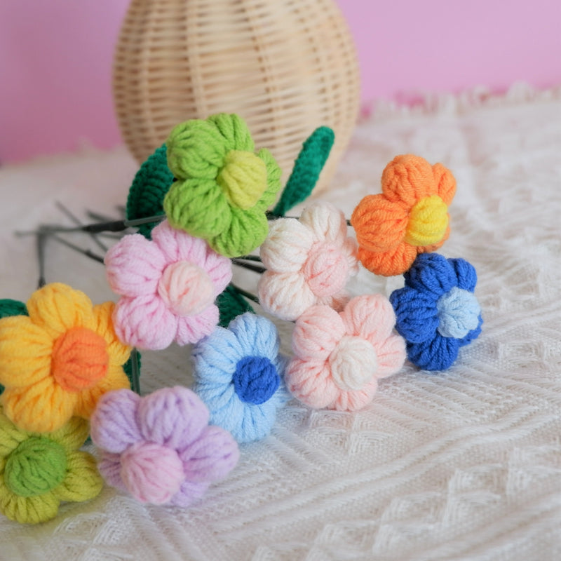 Crochet Fluffy Flower Bouquet, Rainbow Flower Bunch, Crochet Floral Arrangements, Knitted Everlasting Flower, Housewarming Gifts