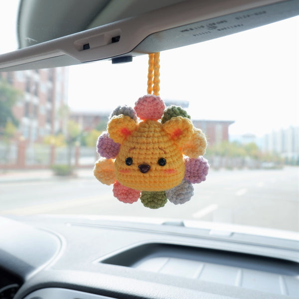 Car Mirror Hanging Charm, Crochet Rainbow Sunflower Bear/Piggy/Bunny Head Car Rear View Mirror Accessory, Kawaii Car Interior Accessory