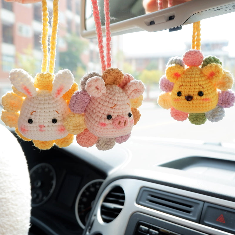 Car Mirror Hanging Charm, Crochet Rainbow Sunflower Bear/Piggy/Bunny Head Car Rear View Mirror Accessory, Kawaii Car Interior Accessory