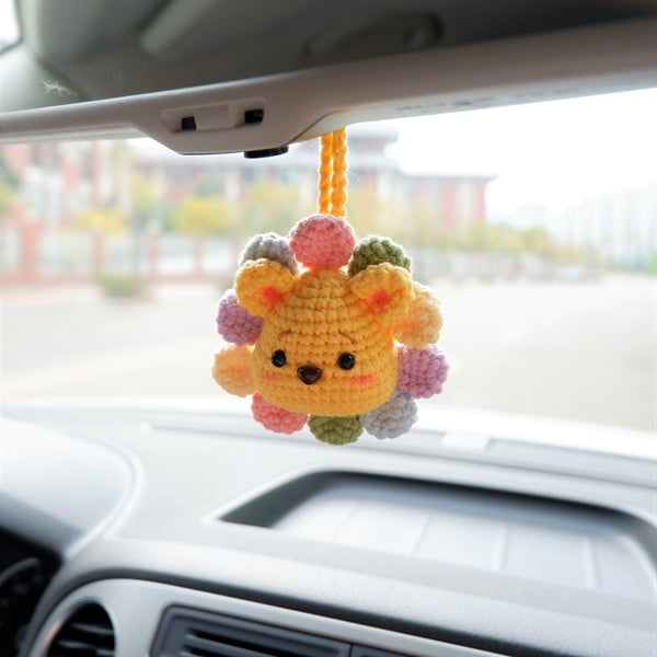 Car Mirror Hanging Charm, Crochet Rainbow Sunflower Bear/Piggy/Bunny Head Car Rear View Mirror Accessory, Kawaii Car Interior Accessory