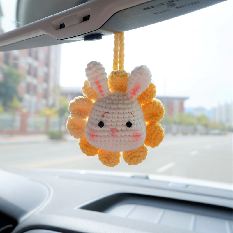 Car Mirror Hanging Charm, Crochet Rainbow Sunflower Bear/Piggy/Bunny Head Car Rear View Mirror Accessory, Kawaii Car Interior Accessory